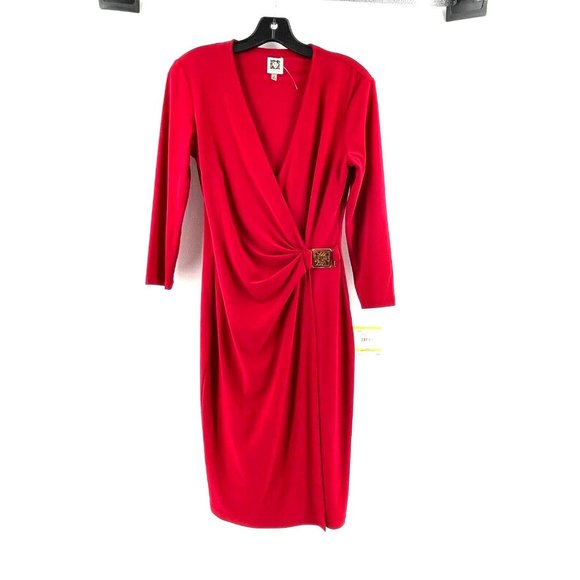 Anne Klein Dresses & Skirts - NWT Anne Klein Women's Long Sleeve Red V Neck Party Wrap Dress Size 4